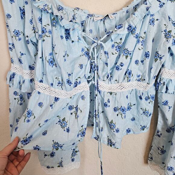 ASOS Bell Sleeve Lace Up Front Top Blue Floral Blouse Women's 10 Faerie Cottage - Picture 6 of 10